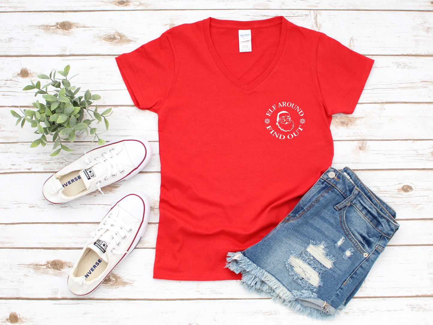 Elf Around, Find Out Funny Women's Short Sleeve V-Neck Tee
