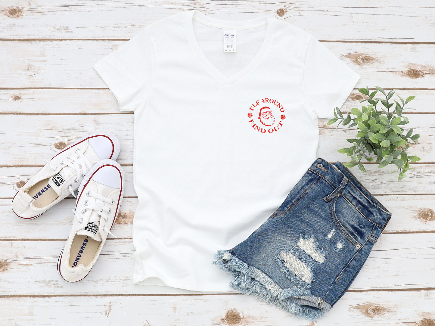 Elf Around, Find Out Funny Women's Short Sleeve V-Neck Tee