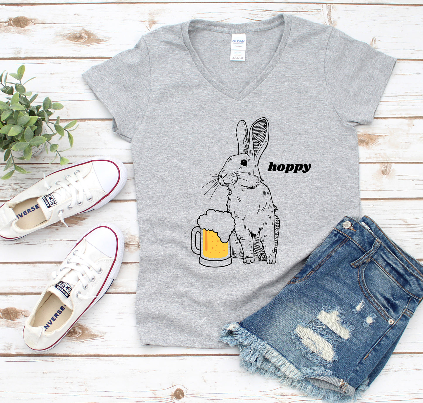 Hoppy Rabbit with Beer Women's V Neck Tee