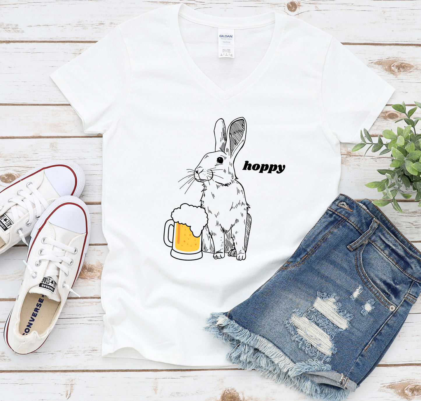 Hoppy Rabbit with Beer Women's V Neck Tee
