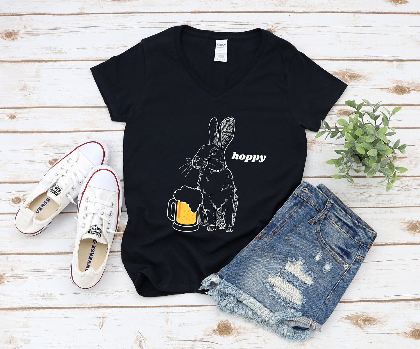 Hoppy Rabbit with Beer Women's V Neck Tee