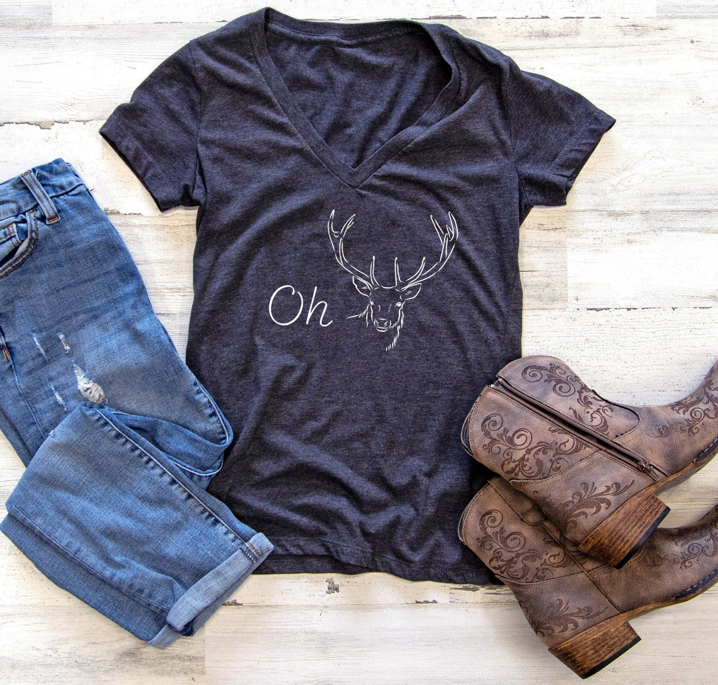 Oh Deer Reindeer Holiday Women's V Neck Tee