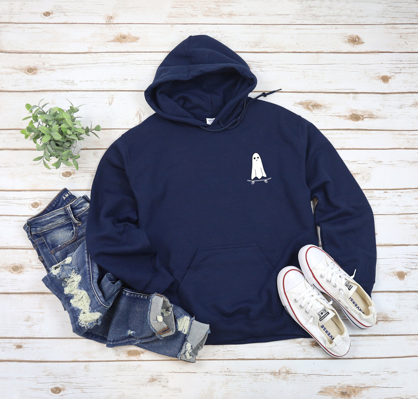 Ghost on Skateboard Trendy Halloween Hooded Sweatshirt