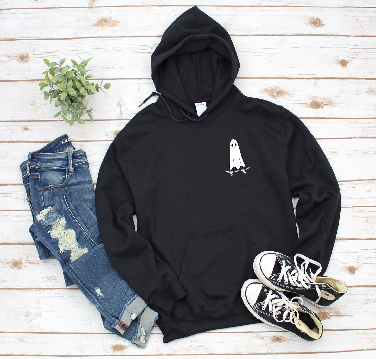 Ghost on Skateboard Trendy Halloween Hooded Sweatshirt