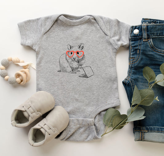 Hamster on Laptop with Glasses Infant Bodysuit