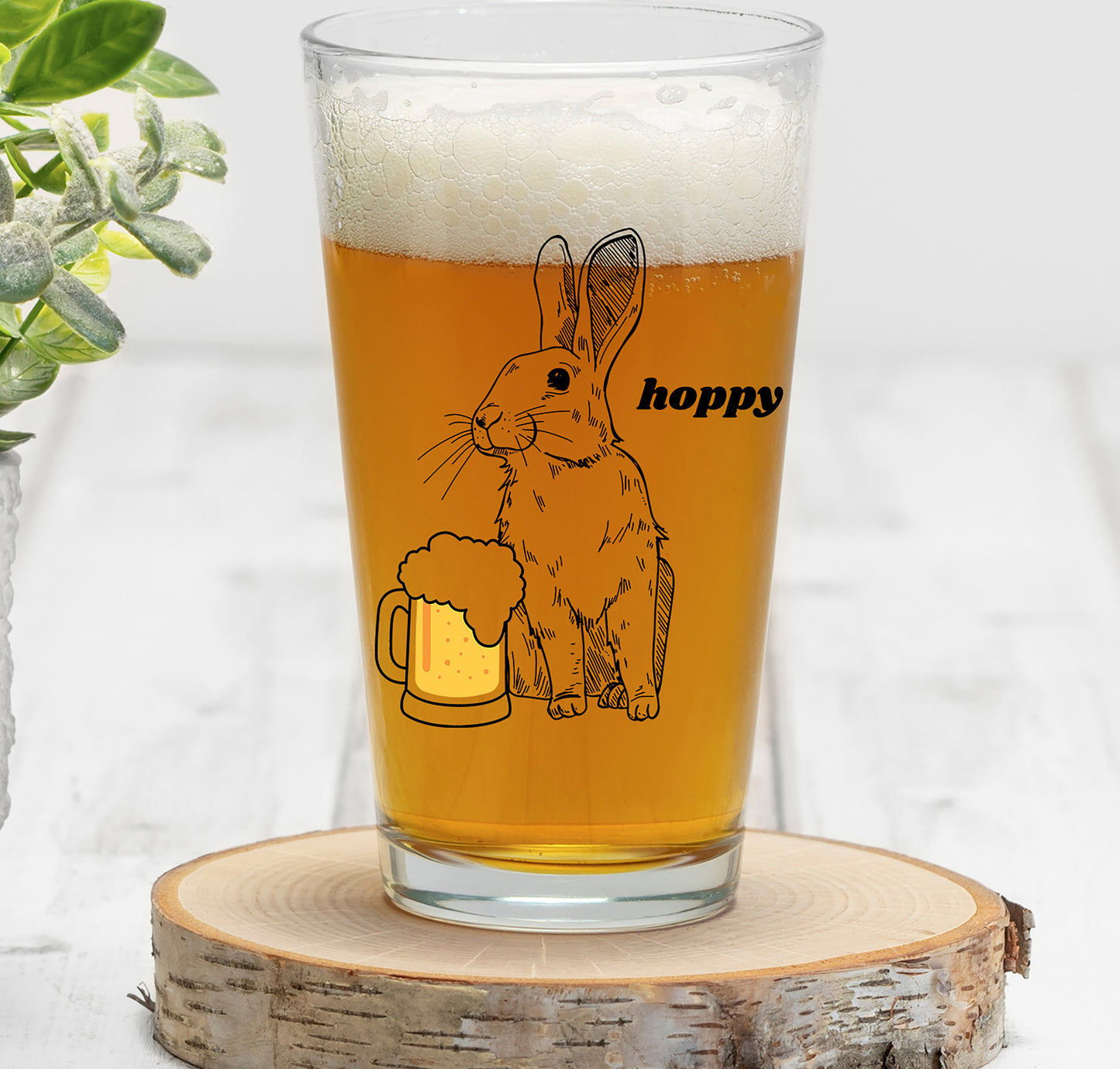 Hoppy Rabbit Beer Pint Glass, 16oz