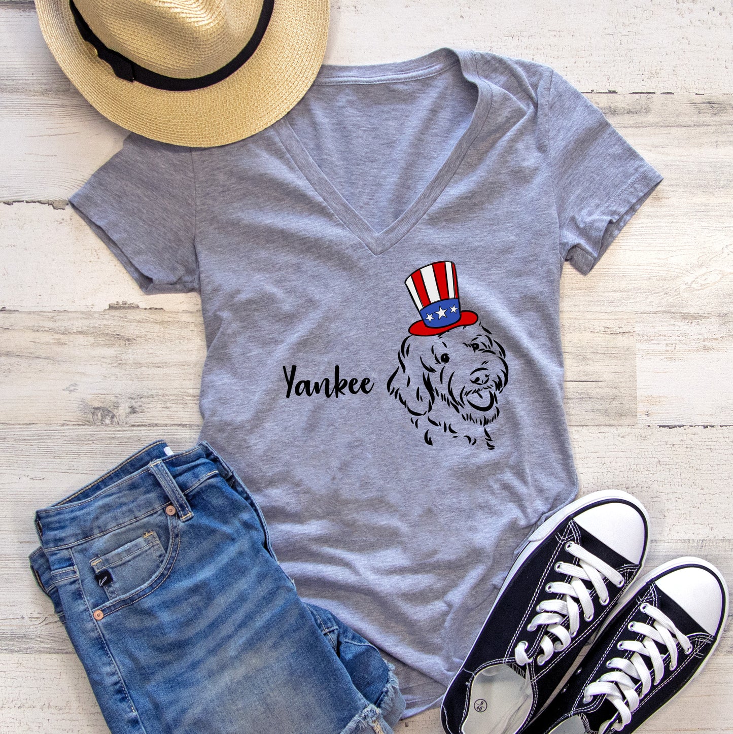 Yankee Doodle Goldendoodle 4th of July Women's V-Neck Tee