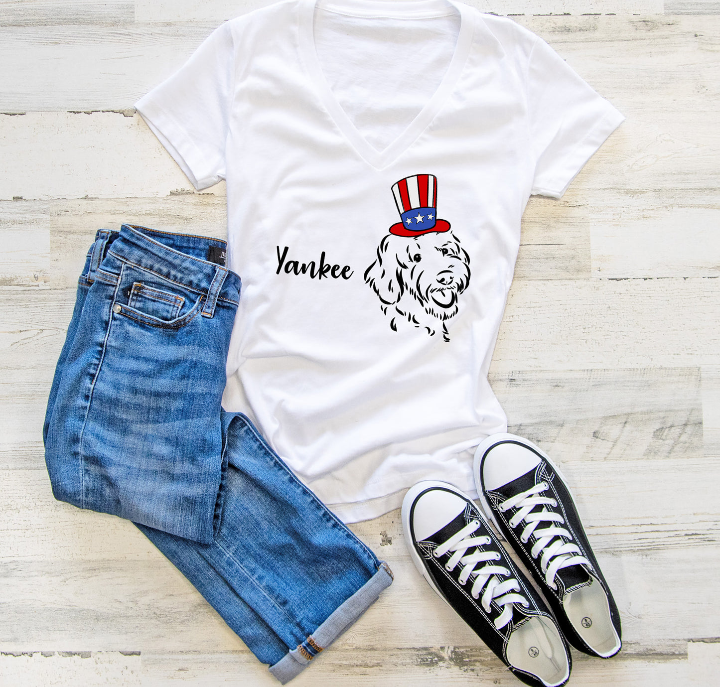 Yankee Doodle Goldendoodle 4th of July Women's V-Neck Tee