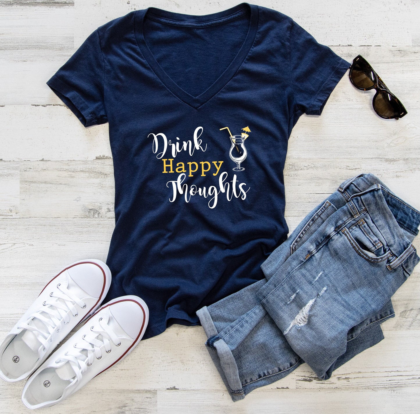 Drink Happy Thoughts Women's V-Neck Tee