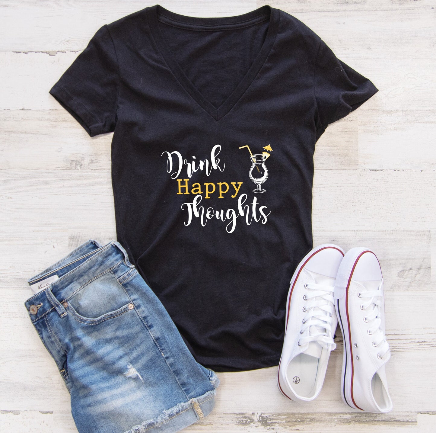 Drink Happy Thoughts Women's V-Neck Tee