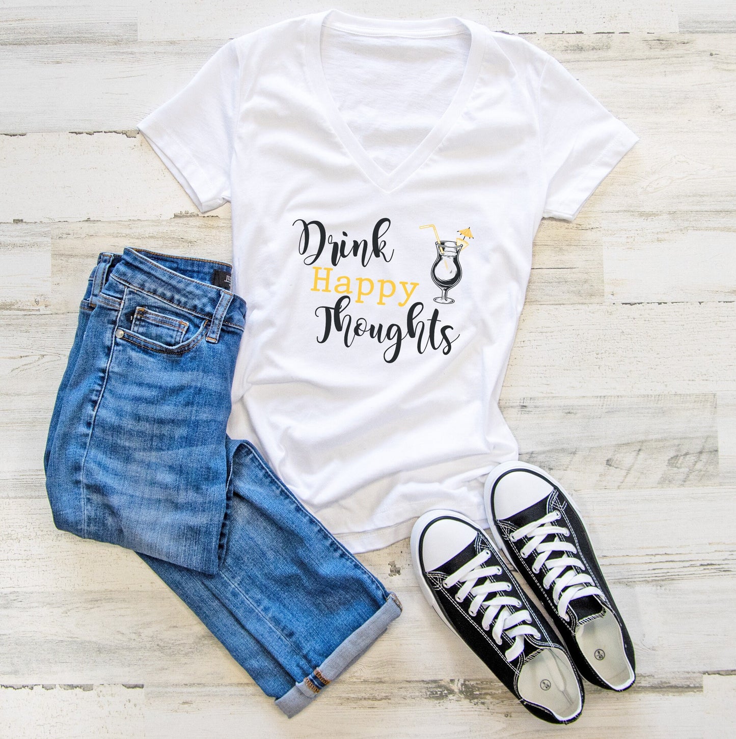 Drink Happy Thoughts Women's V-Neck Tee